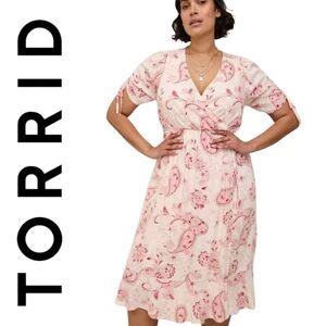 Torrid Midi Swiss Dot Surplice Dress Pink Cream Paisley Short Sleeve Lined